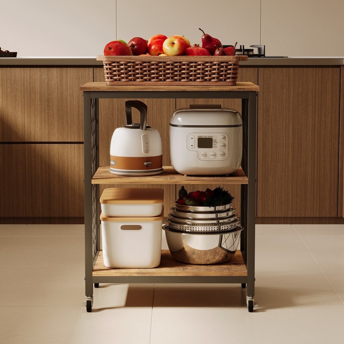 Szafka mobilna na kółkach loft stolik wózek kuchenny ciemny brąz 60 cm