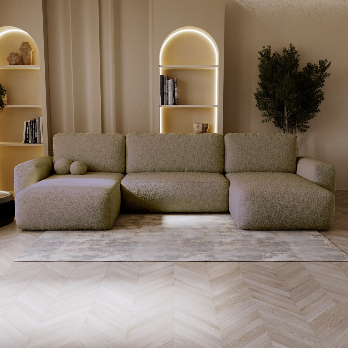 Narożnik U ILO z pojemnikiem na pościel i funkcja spania, ciemno-beżowy