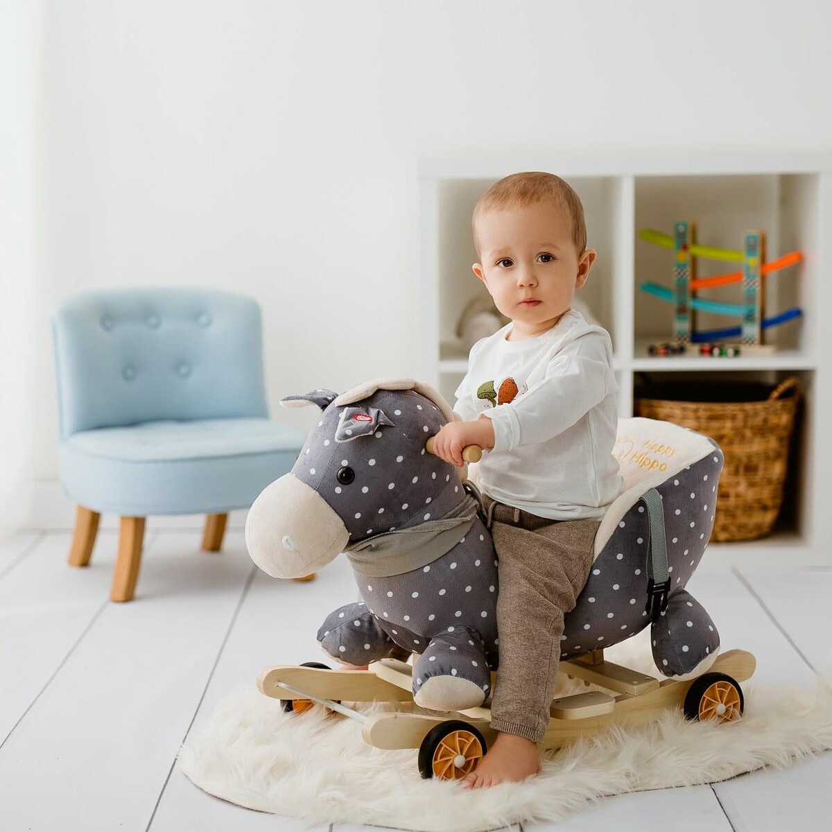 Bujak Konik Szary |2w1! Bujak i jeździk | Zabawka dla dzieci | Prezent | Chodzik | Bujak | 12 m + | Interaktywna zabawka | Pierwsze urodziny | Roczek | Happy Hippo