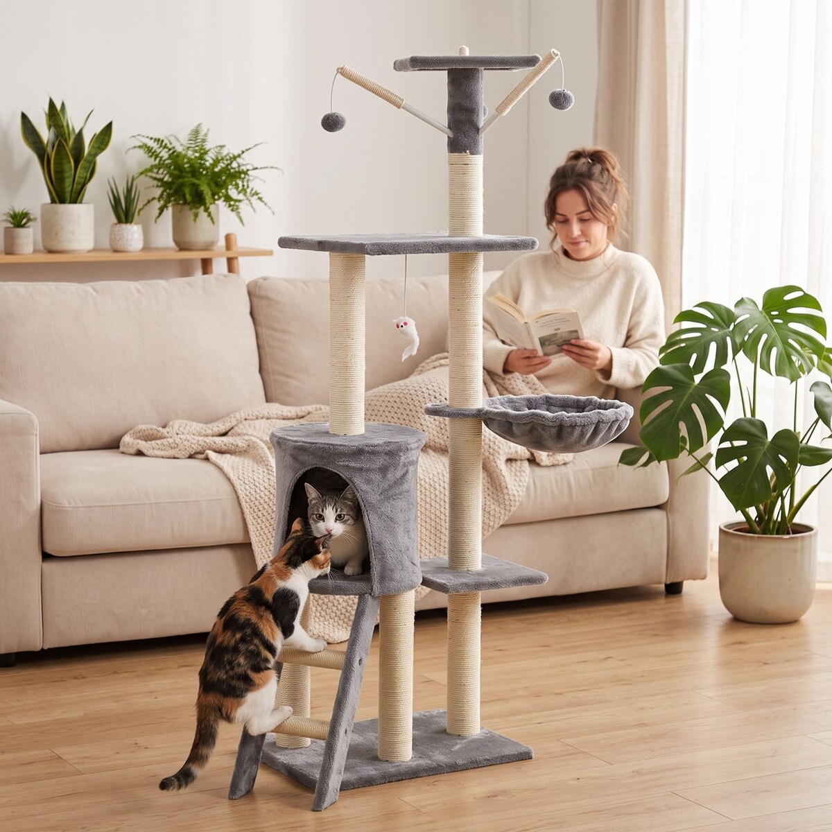 Drapak dla kotów wieża Funfit Home&Office 5 poziomów sizal szary 139 cm