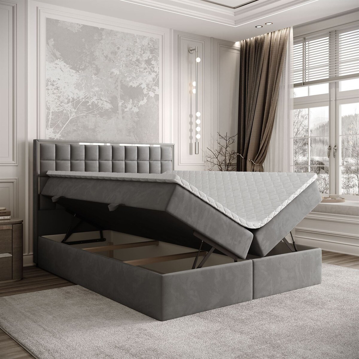 Łóżko kontynentalne ISADORA SILVER, pojemnik na pościel, 160x200, RV 250, topper