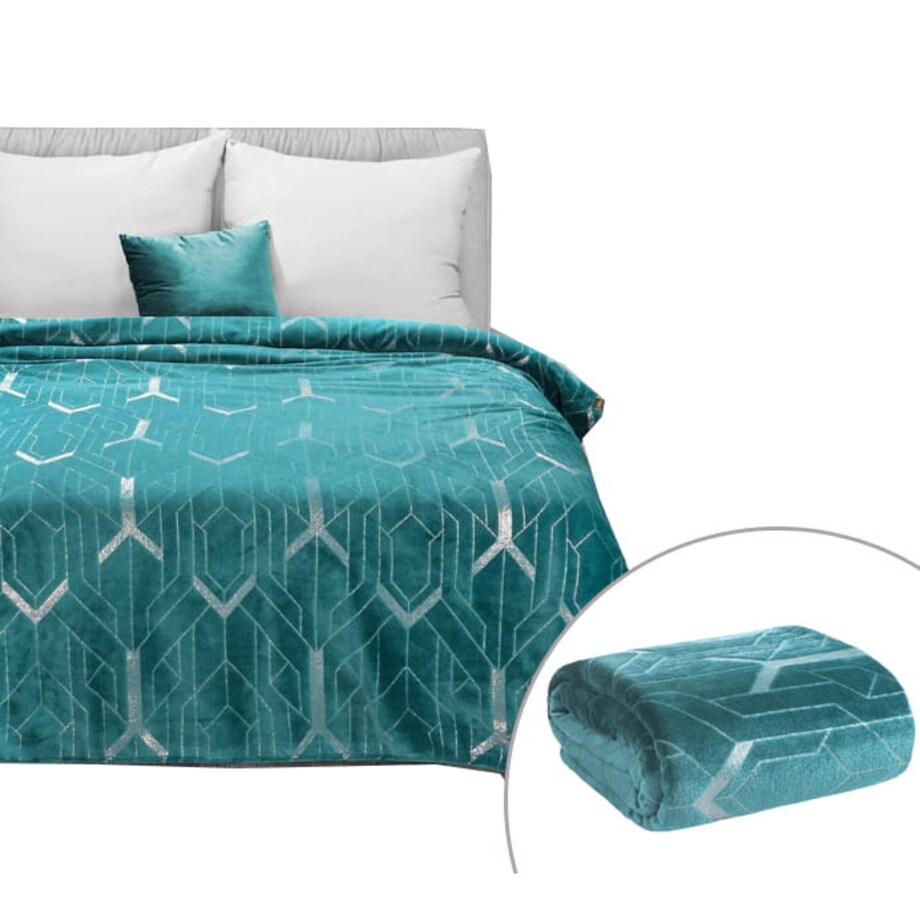 Koc mikrofibra z Nadrukiem 150 x 200 cm Turkusowy Elegancki Pled na Sofę