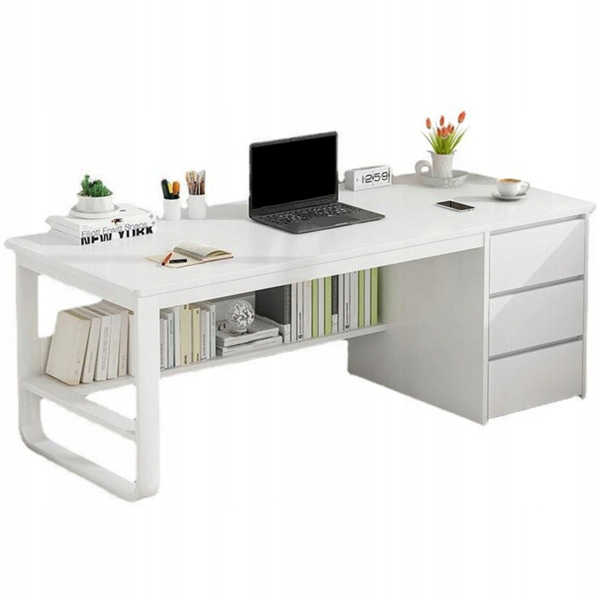 Biurko Komputerowe Loft Białe Pod Laptop Komputer Skandynawski Z 3 Półkami