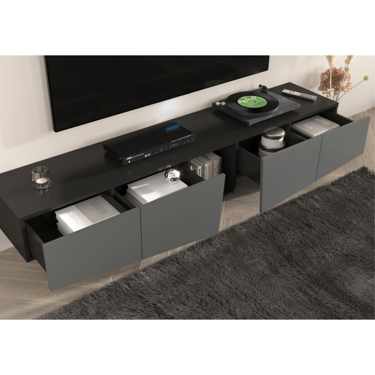 Nowoczesna szara szafka RTV z szufladami Skandica WING / szer. 200 cm