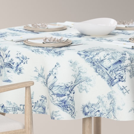 Obrus okrągły 130 x 130 cm scenki rodzajowe w kolorze niebieskim na tle ecru