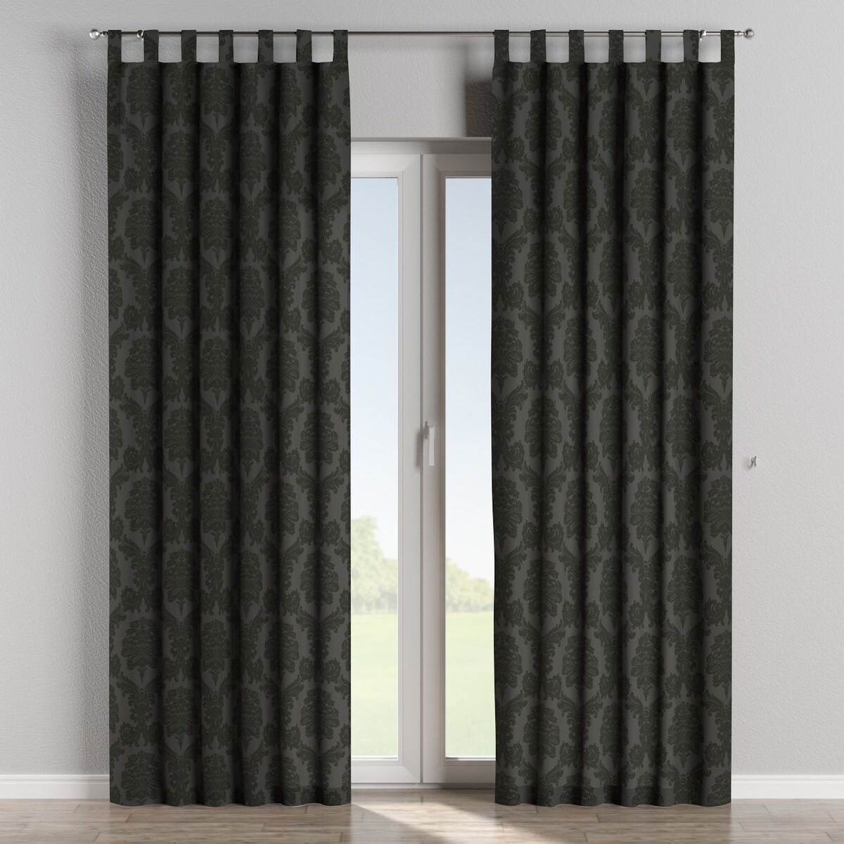 Zasłona na szelkach 1 szt. 130x260 czarne liście akantu na grafitowym tle
