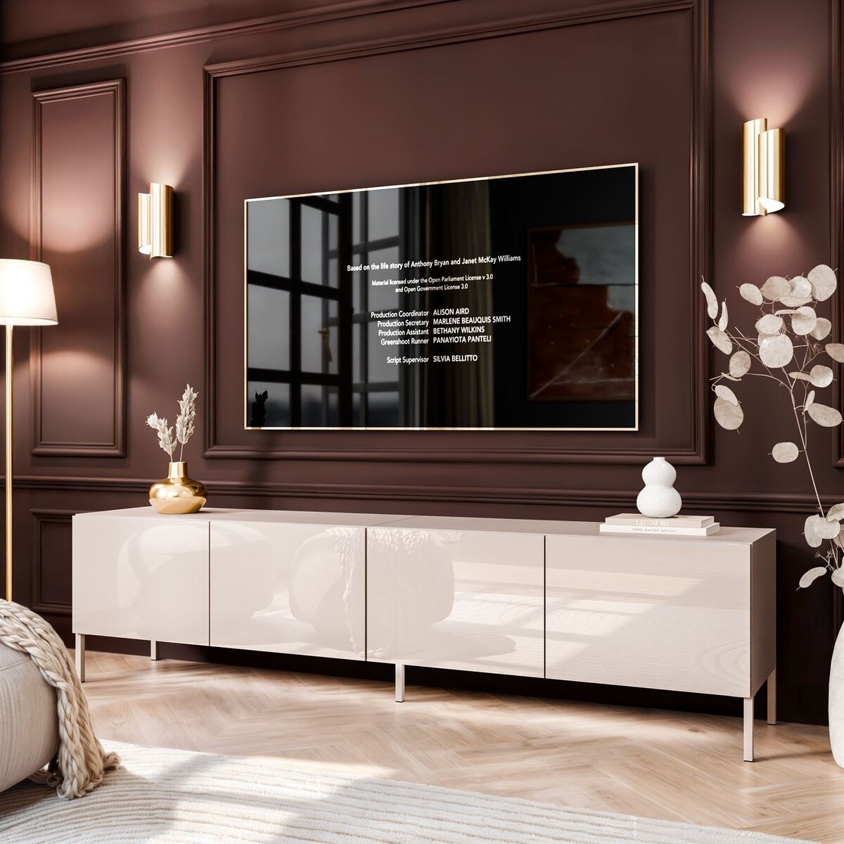 Szafka RTV COLGANTE 200 kaszmir wysoki połysk, oświetlenie LED, nóżki proste kaszmir