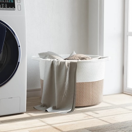 vidaXL Kosz na pranie, brązowo-biały, Ø55x36 cm, bawełna