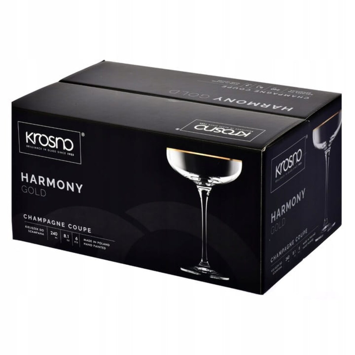 Kieliszki Szampan Szampanówki Harmony Krosno Gold Złoty Pasek 240 ml 6 szt
