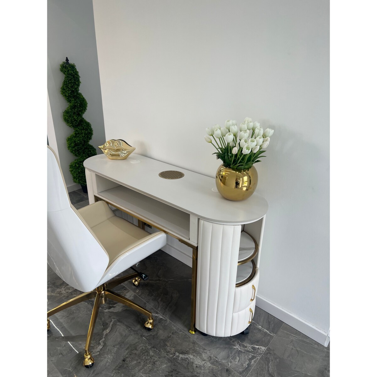 Biurko kosmetyczne z otworem na pochłaniacz biało-złote owalne 140x45x78