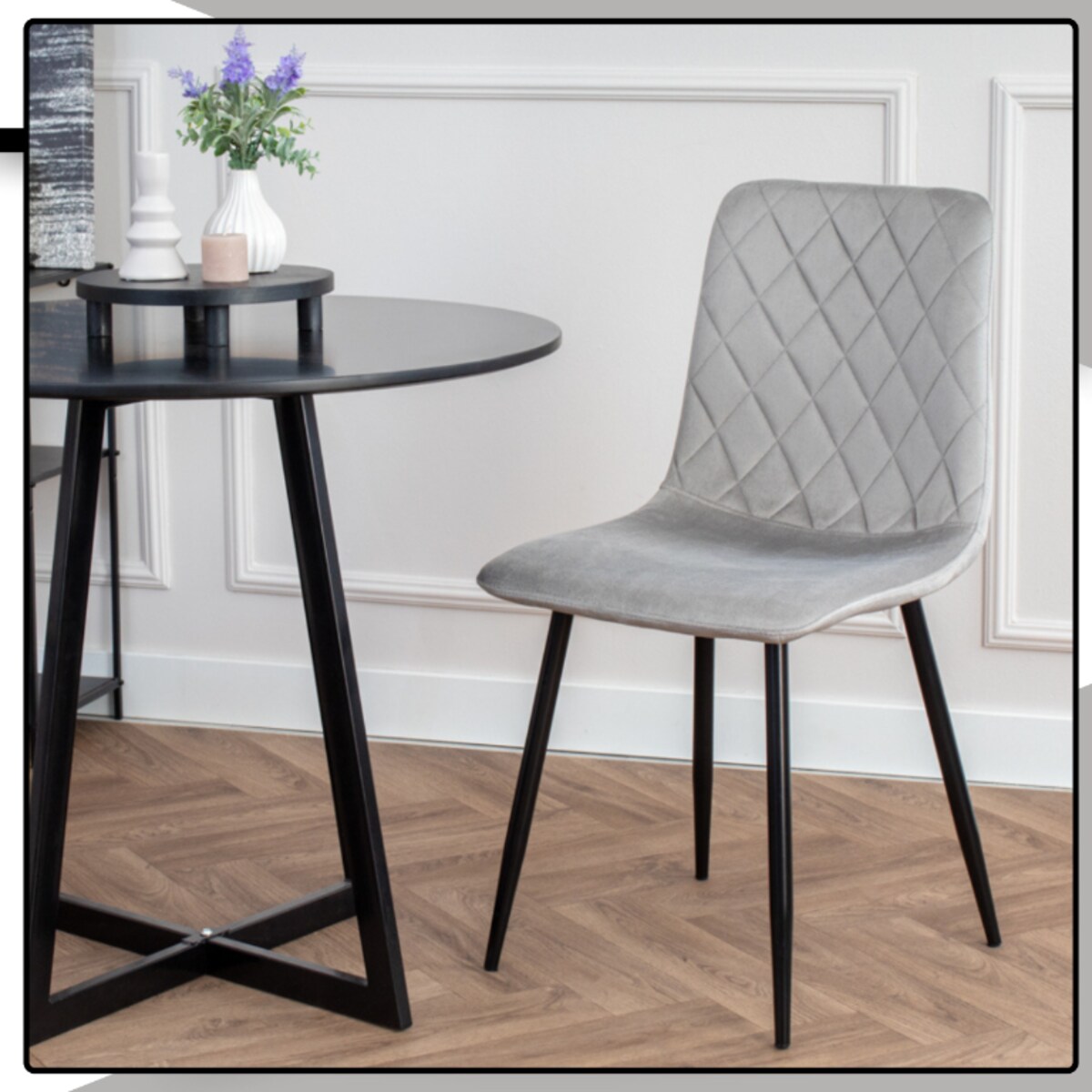 Krzesło szare tapicerowane pikowane welurowe nowoczesne wygodne velvet