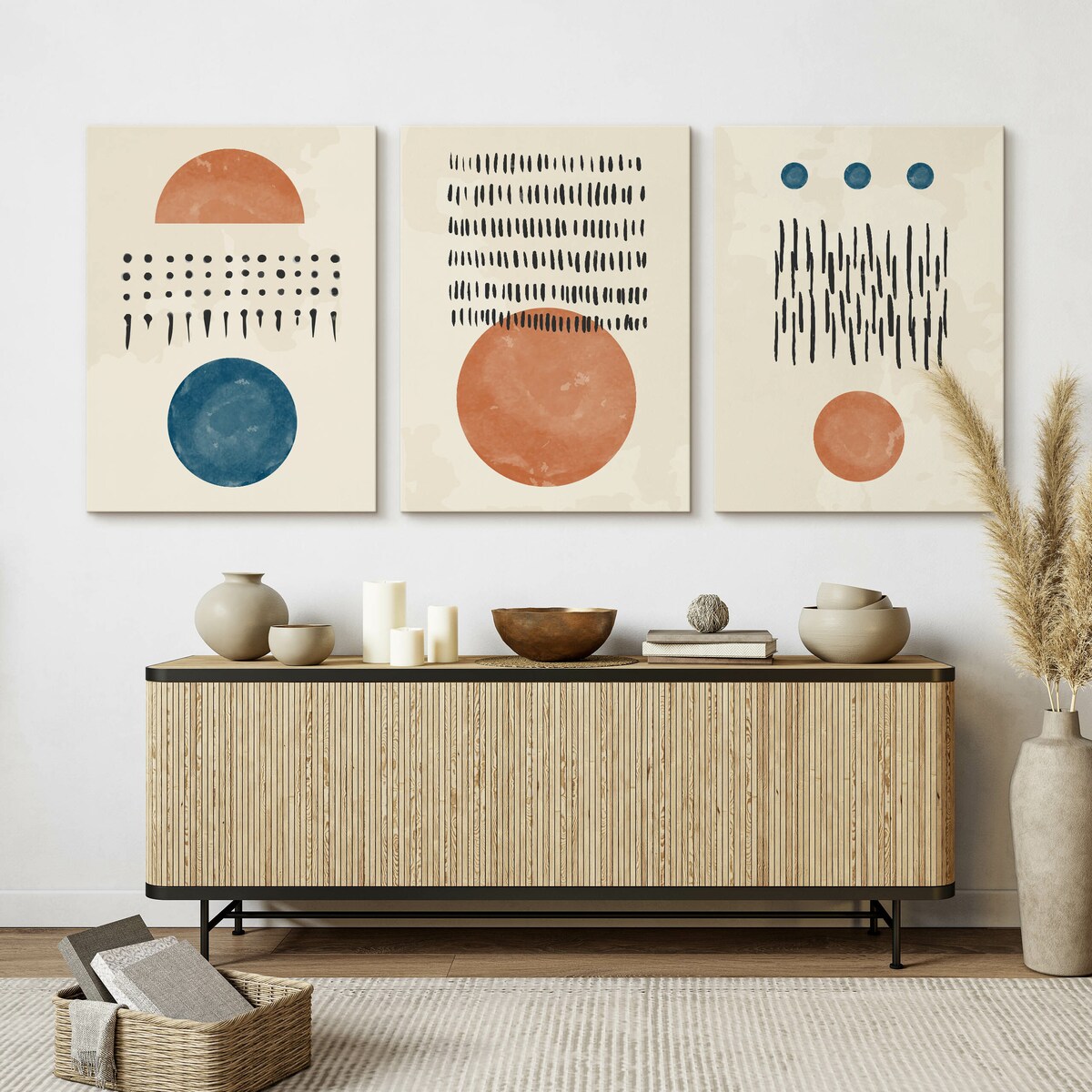 OBRAZY DO SALONU SET AZTECKIE WZORY ABSTRAKCJA STYL BOHO ORNAMENTY 90x40cm