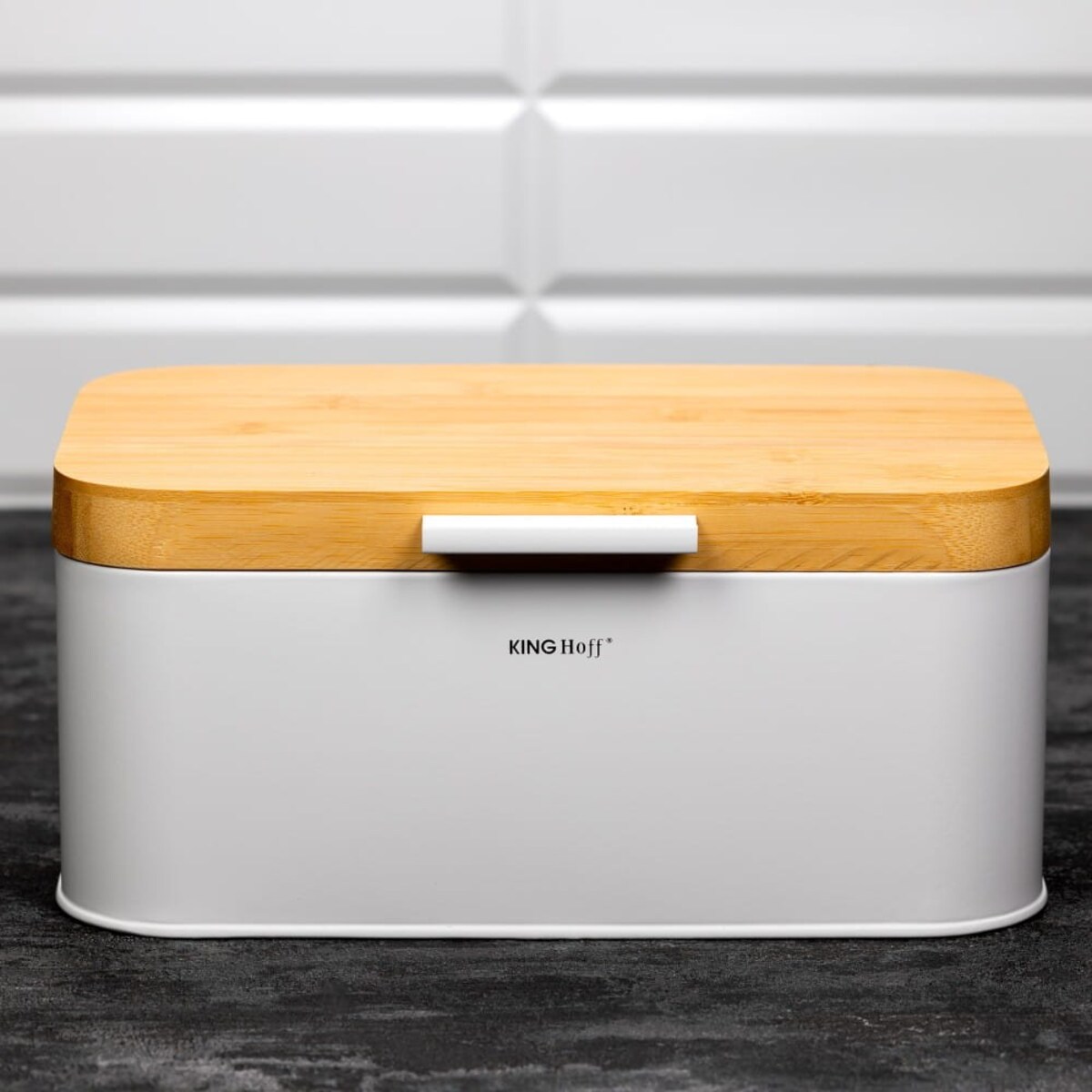 Chlebak stalowy z pokrywą bambusową pojemnik biały KINGHOFF