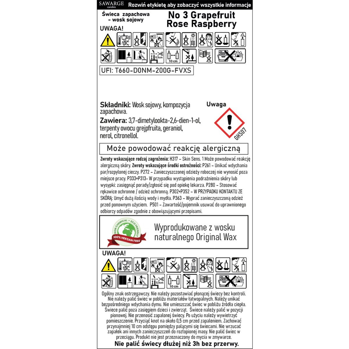 Świeca Zapachowa Sojowa No3 /50h/ Malina Róża Grapefruit 450g