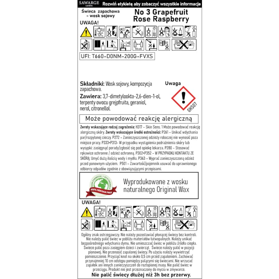 Świeca Zapachowa Sojowa No3 /50h/ Malina Róża Grapefruit 450g