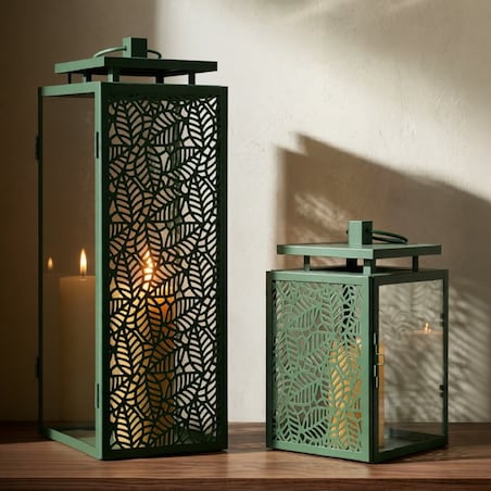 Zestaw 2 lampionów dekoracyjnych Hall, kolor zielony, metal i szkło, wysokości 41,5 i 24 cm, styl nowoczesny, dekoracja do salonu, Mauro Ferretti