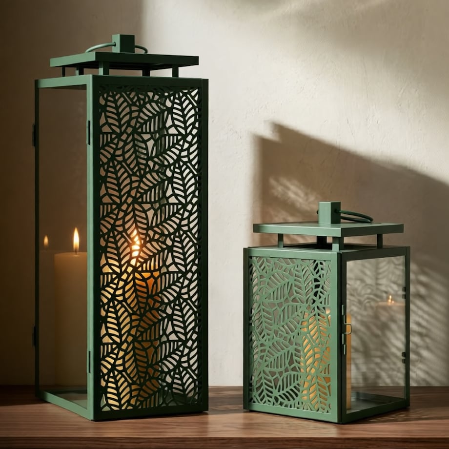 Zestaw 2 lampionów dekoracyjnych Hall, kolor zielony, metal i szkło, wysokości 41,5 i 24 cm, styl nowoczesny, dekoracja do salonu, Mauro Ferretti