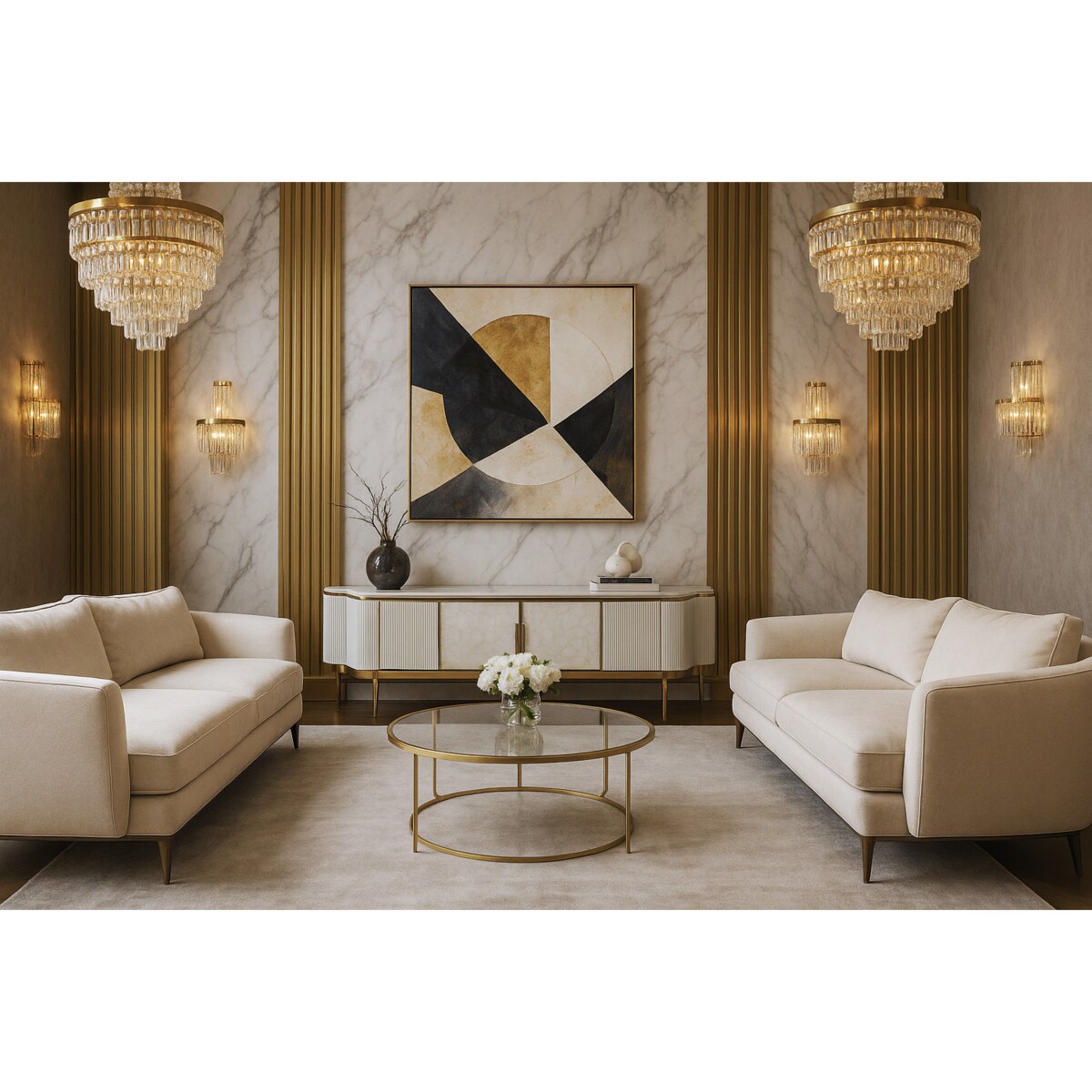 Ryflowana szafka RTV kremowo - złota Champion Glamour Premium z muszelkami z blatem marmurowym 200x40x52