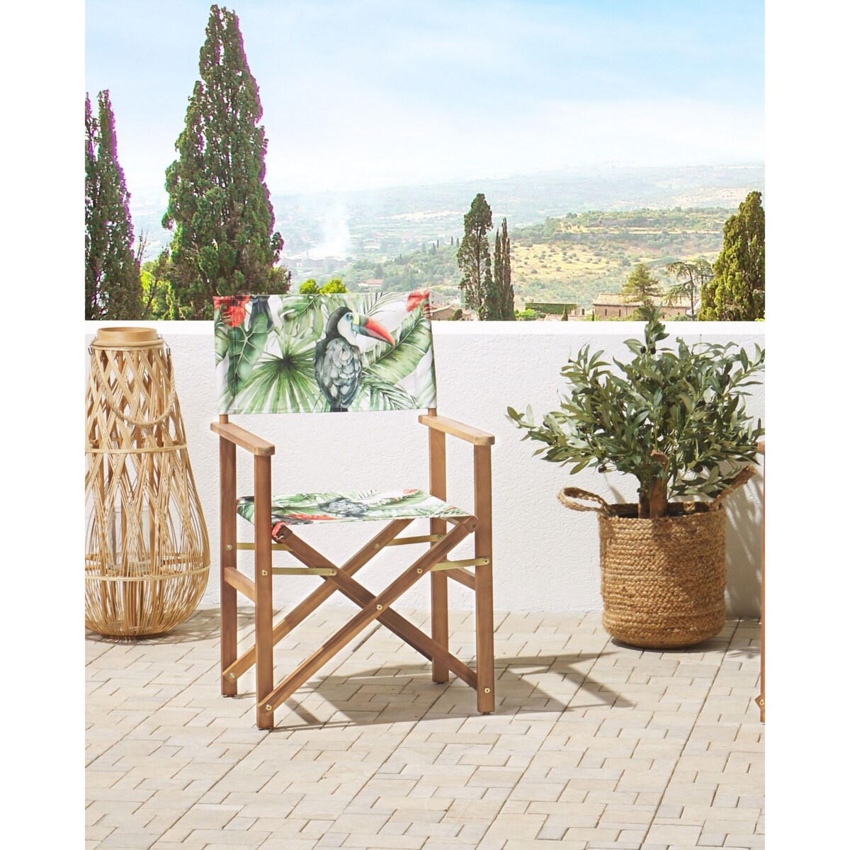 Zestaw 2 krzeseł ogrodowych akacjowy jasne drewno z białym / wzór w tukany CINE