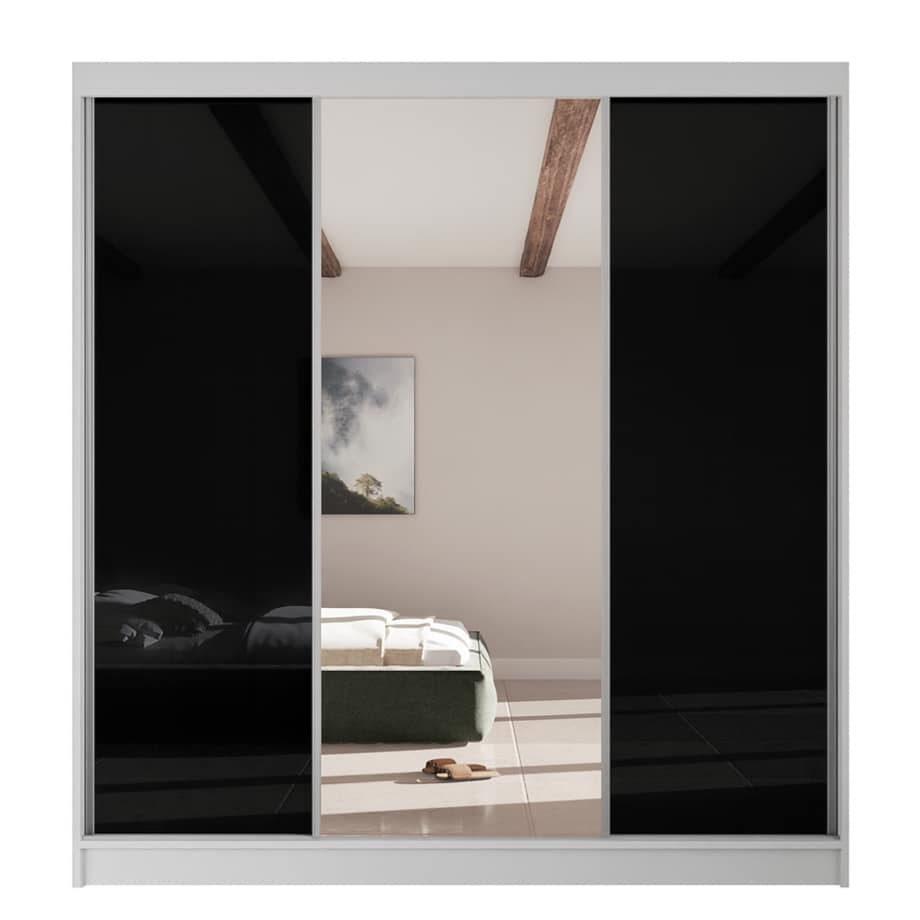 Szafa przesuwna VIOLA V200 z lustrem do przedpokoju -biała + czarny lacobel