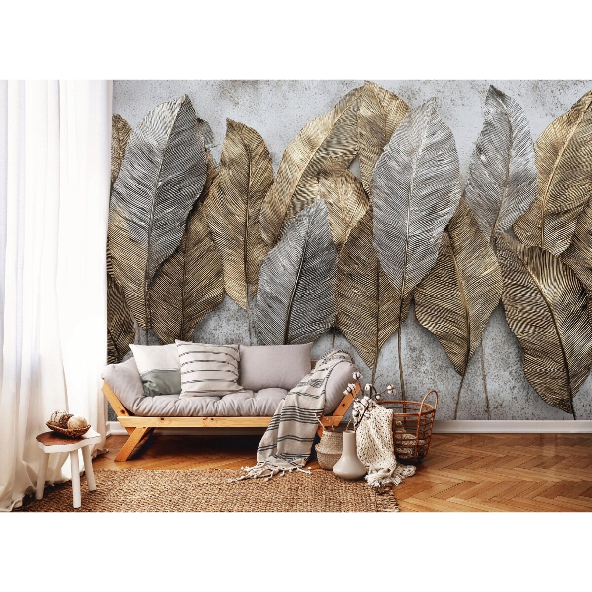 Fototapeta Do Sypialni Salonu Na Flizelinie Liście Abstrakcja Szary 350x250