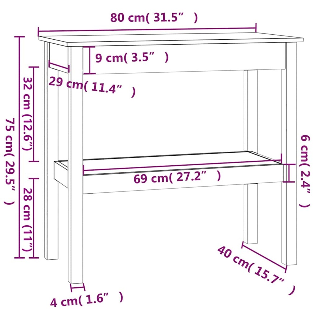 vidaXL Stolik konsolowy, biały, 80x40x75 cm, lite drewno sosnowe