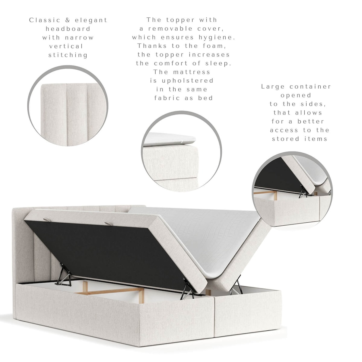 Łóżko tapicerowane AMARO 140x200 z pojemnikiem, Jasny Beż, tkanina Alta 01