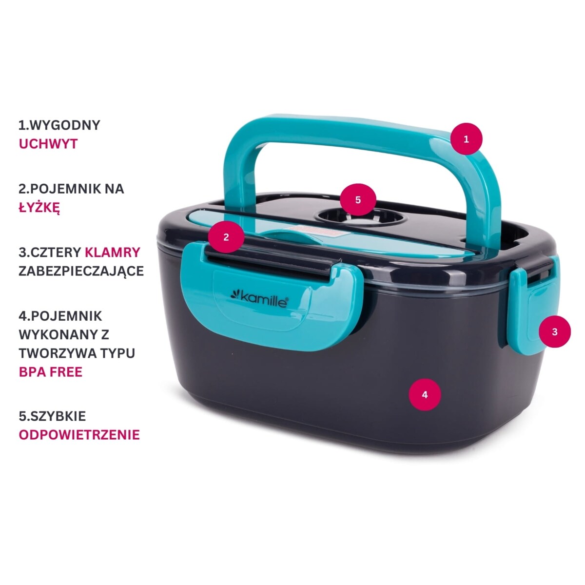 Elektryczny lunch box podgrzewany termos samochodowy do auta + wtyczka KAMILLE