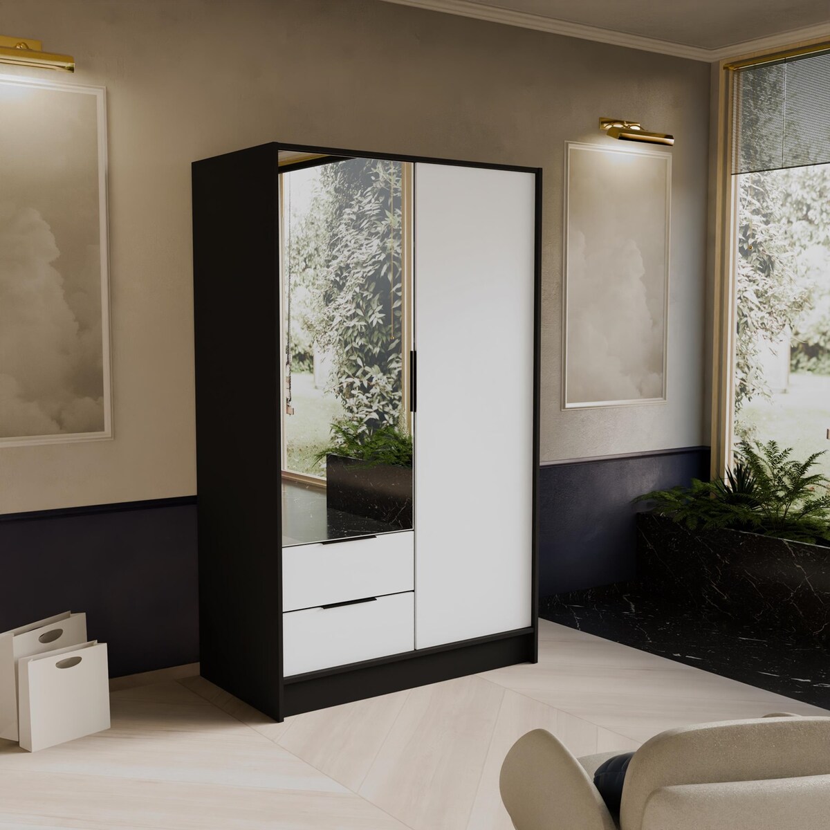 Szafa NIKOLA 103 z lustrem regulowanymi półkami do przedpokoju-czarna+biały