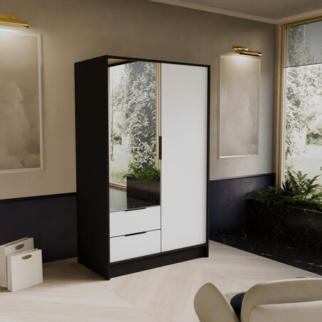 Szafa NIKOLA 103 z lustrem regulowanymi półkami do przedpokoju-czarna+biały