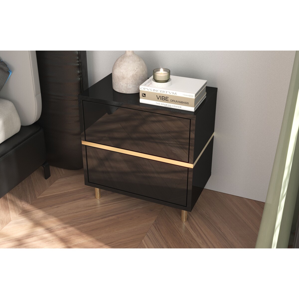 Elegancka czarna szafka nocna Dancan MARIKA ze złotymi dodatkami
