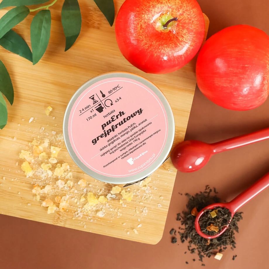 Herbata czerwona pu-erh GREJPFRUTOWY o smaku orzeźwiającego grejpfruta - herbata liściasta sypana mieszanka napar susz - gotowa na prezent upominek