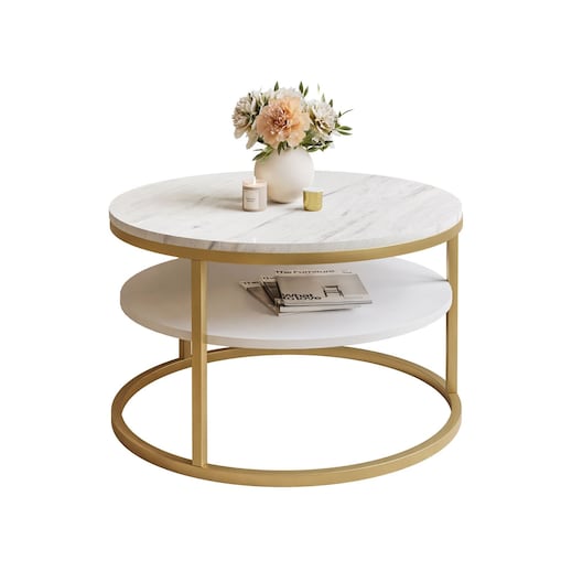 Okrągły stolik kawowy CIRI SLIM z półką złoty mat marmur levanto