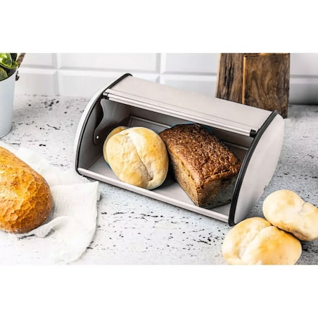 Chlebak stalowy mały 36cm beżowy matowy pojemnik na chleb pieczywo bułki KINGHOFF