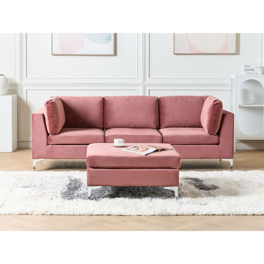 Sofa modułowa EVJA Welur Różowy z otomaną dla 3 osób