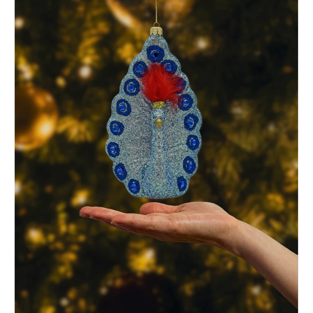 Bombka choinkowa szklana: Paw z piórami: Niebieski
