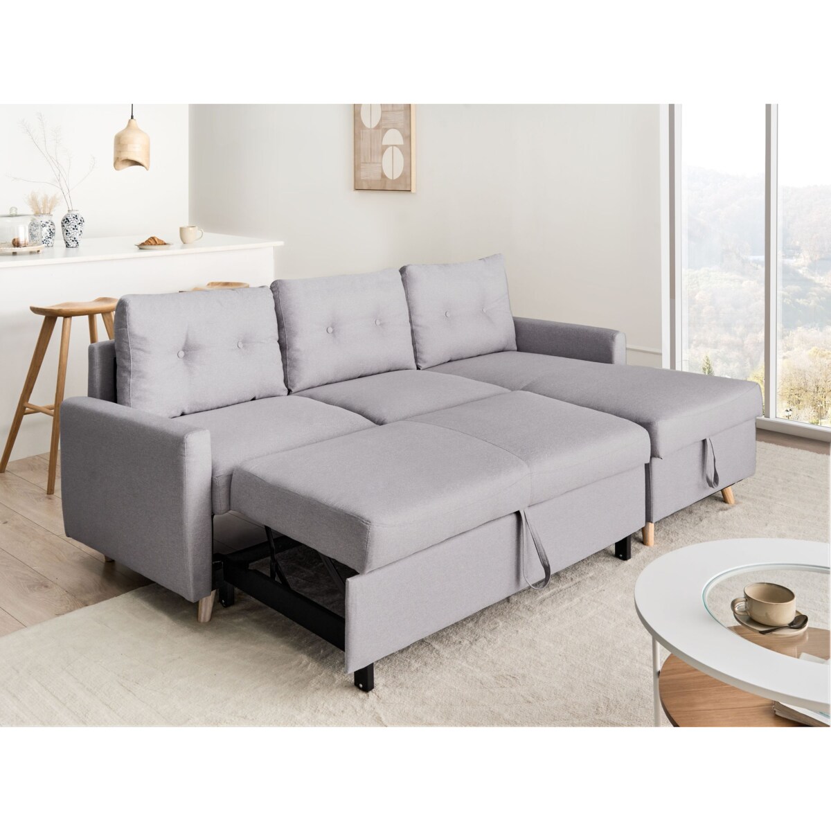 Narożnik rozkładany FLAKK Jasnoszary ze schowkiem dla 4 osób Lewostronny