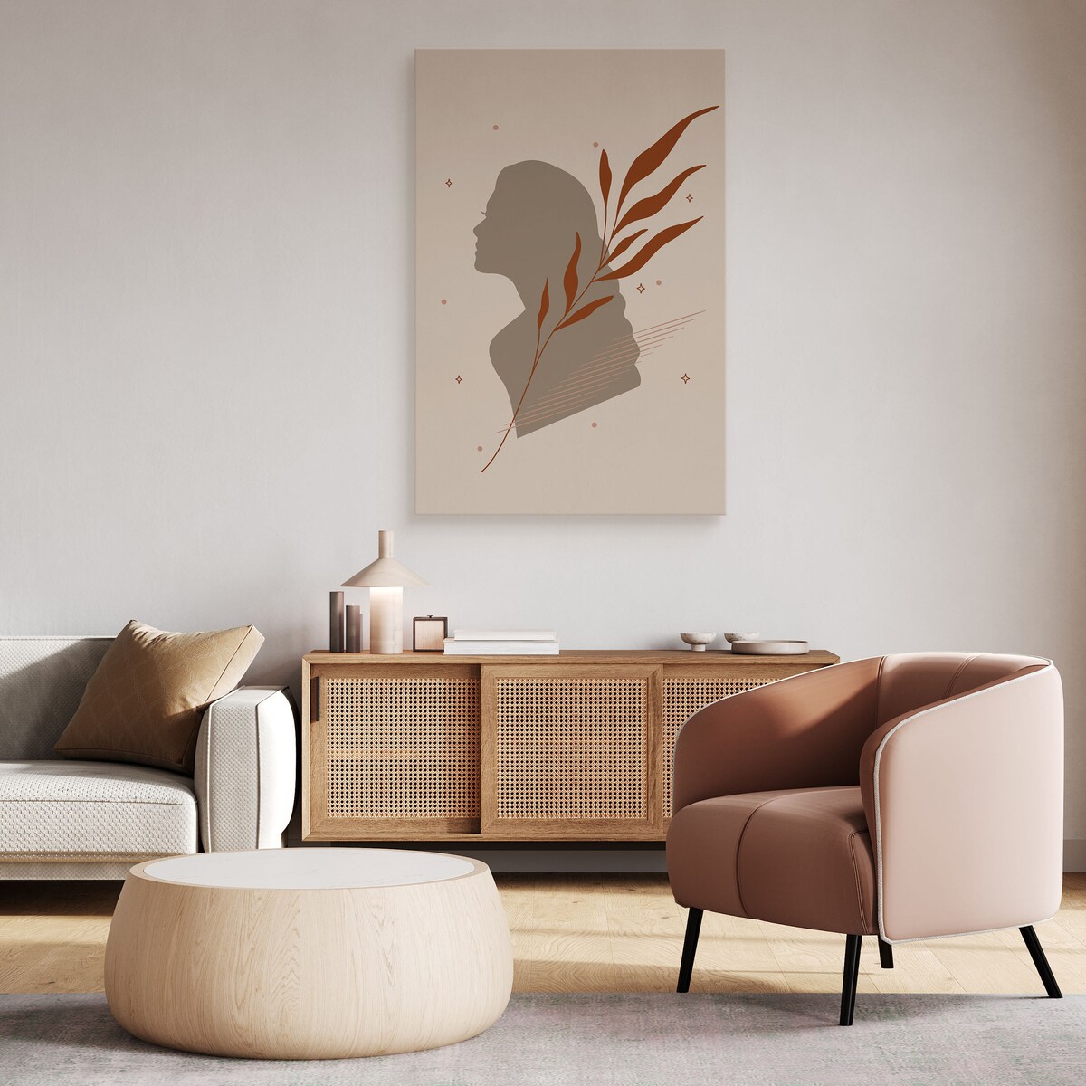 OBRAZ PORTRET KOBIETA MINIMLIZM STYL BOHO LIŚCIE NATURA 80x120cm