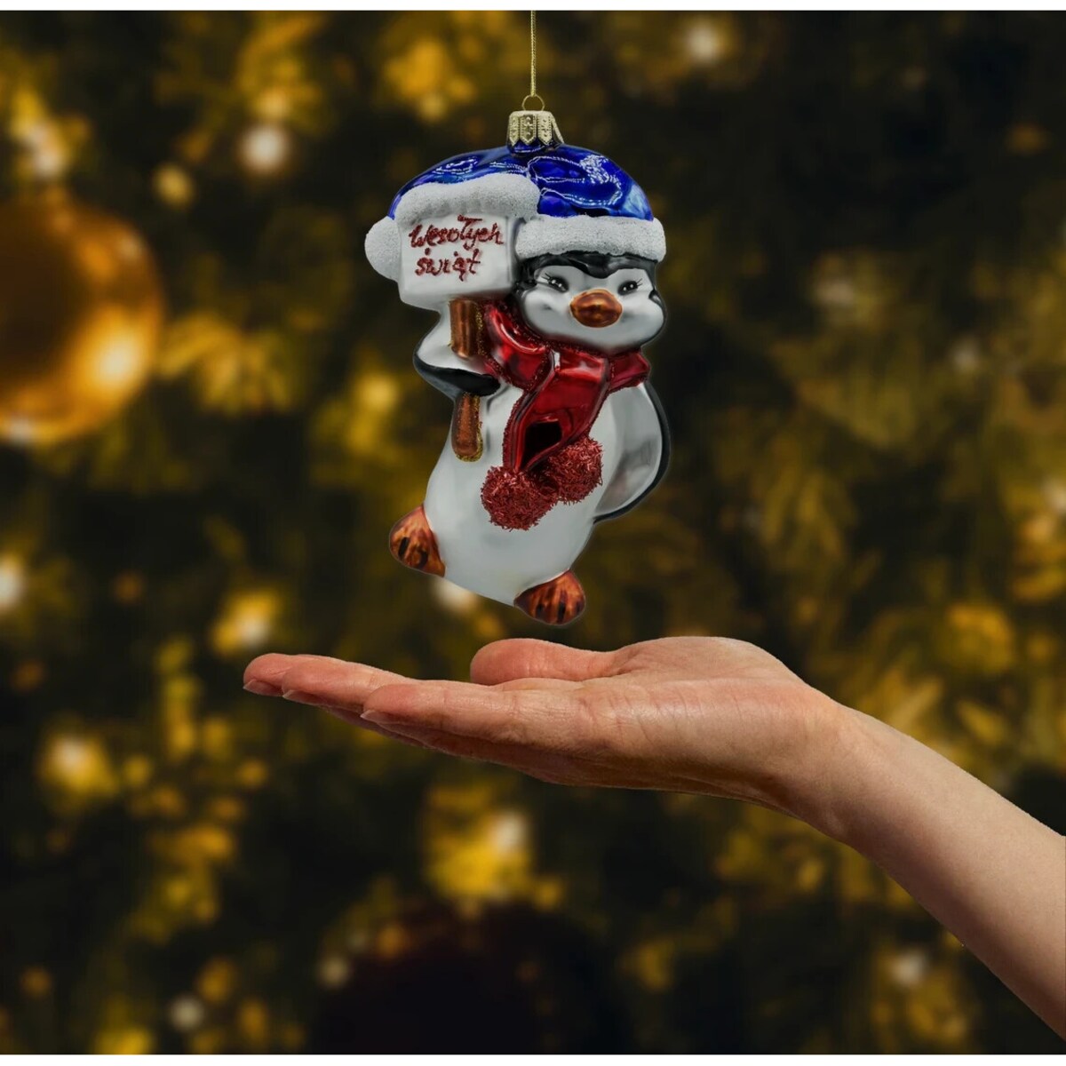 Bombka choinkowa szklana: Pingwin Wesołych Świąt