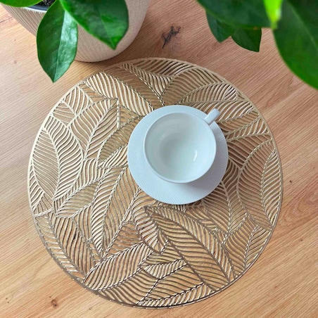 Podkładka Ażurowa Na Stół Okrągła W Listki Ozdobna 37 Cm Złota