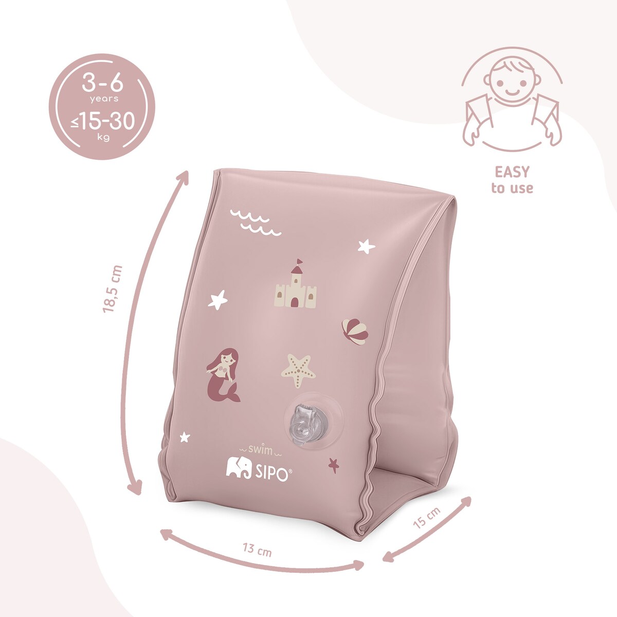 Sipo, Dmuchane Rękawki Do Pływania Dla Dzieci, Na Basen, 3-6 Lat, 15-30 Kg, Różowe