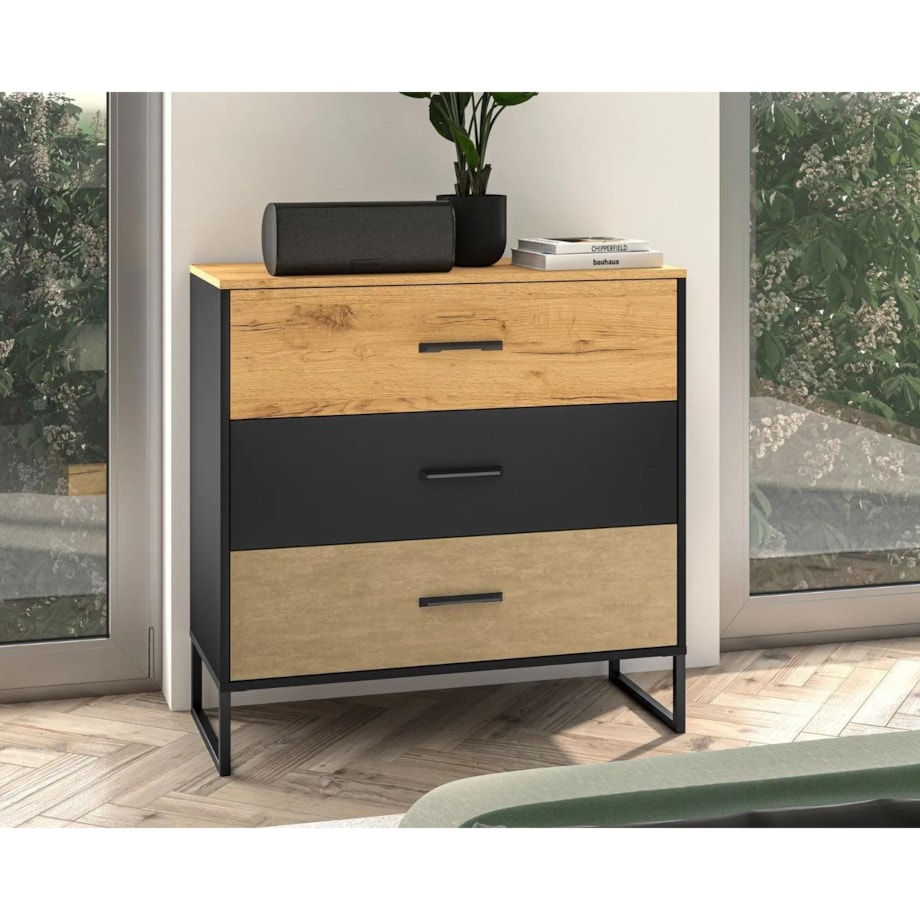 Komoda COLIN 05 3S 90 dąb złoty craft/czarna