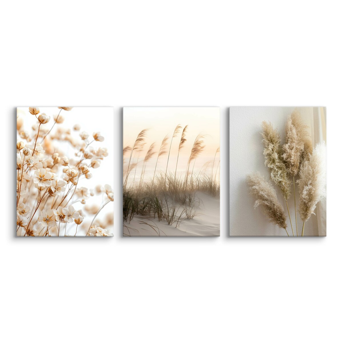 3x Obraz Do Salonu Set Plaża Wydmy Trawa Pampasowa Kwiaty Styl Boho 30x40cm