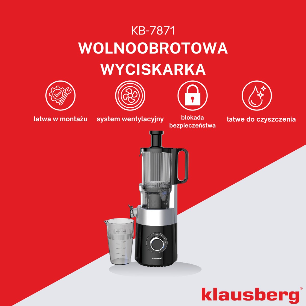 Sokowirówka wolnoobrotowa 180W do owoców i warzyw COLD PRESS KLAUSBERG KB-7871