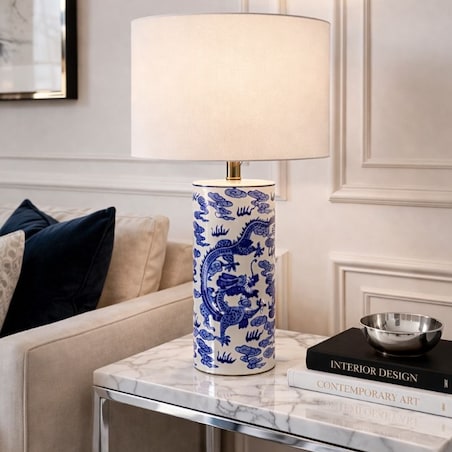 Lampa ceramiczna niebieska na komodę do salonu z białym abażurem MING