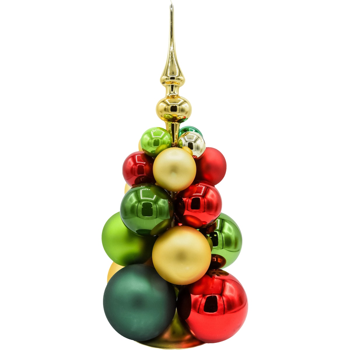 Szklana choinka z bombek czerwonych, zielonych i złotych