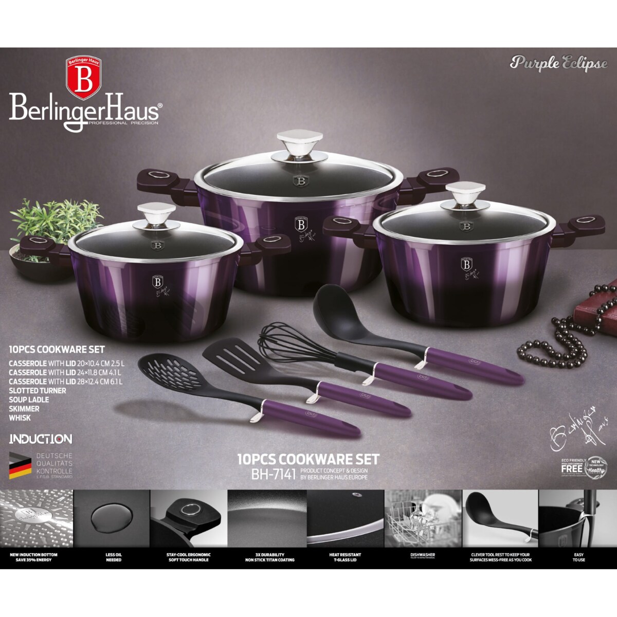 Komplet garnków z powłoką tytanową 10 elementów BERLINGER HAUS Purple Eclipse