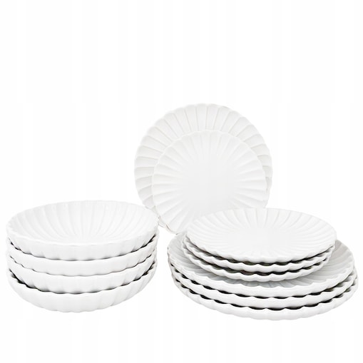 SERWIS OBIADOWY DLA 4 OSÓB BIAŁY CERAMICZNY POŁYSK TALERZE 12 ELEMENTÓW