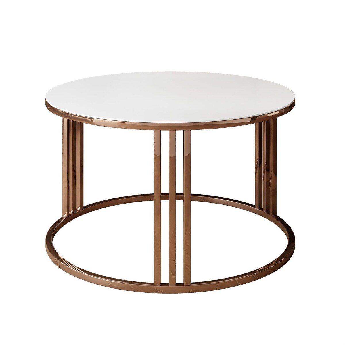 Okrągły stolik kawowy LORI GLASS z miedzianym stelażem, białe szkło