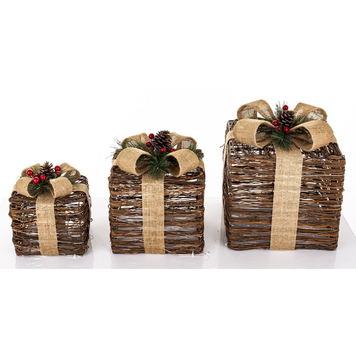 Dekoracja pudełka 3 szt. świecące LED 30x26x26 i 25x21x21 i 18x17x17 cm GEMARA brązowy i czarny
